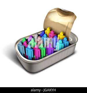Paniers-comme des sardines idiom et trop de monde métaphore comme une foule de gens divers icônes à l'intérieur d'un petit peut comme une entreprise. Banque D'Images