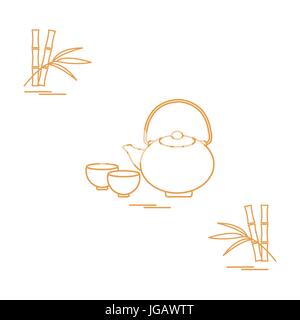 Icône stylisée de la théière avec deux tasses et de bambous. Cérémonie du thé. Pour la conception d'affiches, de bannières ou d'impression. Illustration de Vecteur
