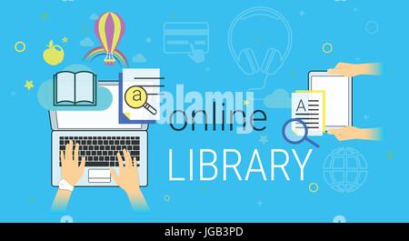Réservez en ligne et bibliothèque électronique app sur laptop concept créatif vector illustration Illustration de Vecteur