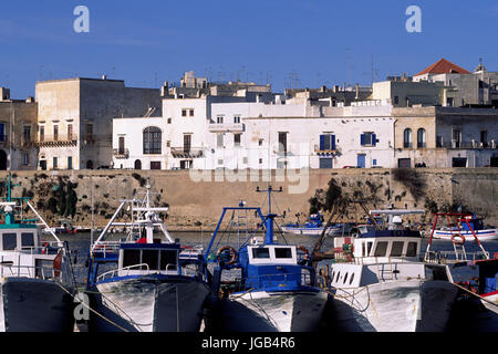 Italie, Pouilles, Gallipoli, bateaux de pêche, port et ville Banque D'Images