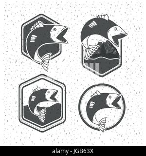 Fond blanc avec éclat de silhouette monochrome set shield emblème avec types de poissons Illustration de Vecteur