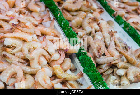 Crevettes fraîches préparées on ice au marché aux poissons. Banque D'Images
