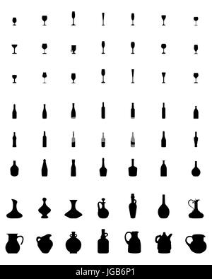 Silhouettes noires de bols, bouteilles et verres, vector Banque D'Images