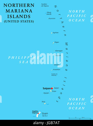 Îles Mariannes du Nord carte politique de la peine de Saipan. Zone insulaire et du Commonwealth des États-Unis dans l'océan Pacifique, au nord de Guam. Banque D'Images