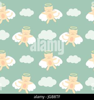 Cute cartoon charmant chat ange volant dans le ciel de fond illustration vectoriel continu Illustration de Vecteur