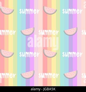 À rayures arc-en-ciel de couleurs de fond vectoriel continu illustration avec les pastèques et tranche la main de l'été mot lettrage Illustration de Vecteur