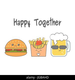 Cute cartoon cheeseburger, frites et verre de bière vector illustration Illustration de Vecteur