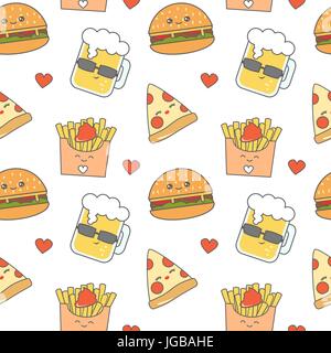 Fast food cute cartoon vector background illustration modèle transparent avec cheeseburger, pizza, verre de bière et de frites Illustration de Vecteur