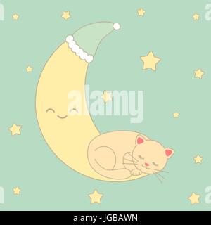 Cute cartoon chat dormant sur la lune entourée d'étoiles vector illustration Illustration de Vecteur