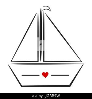 Cute black white hand drawn bateau linéaire avec coeur rouge logo vector illustration Illustration de Vecteur