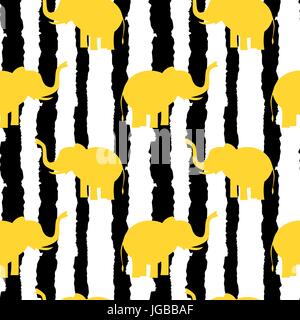 Les éléphants jaune mignon sur silhouette noir et blanc rayures grunge background illustration modèle vectoriel continu Illustration de Vecteur