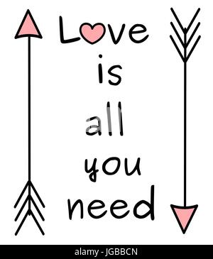 Noir blanc rose mignon vecteur amour belle carte de souhaits avec typographie, cœur et flèches Illustration de Vecteur