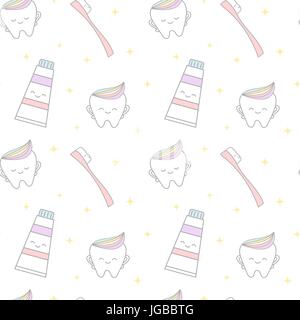 Cute cartoon dent avec rainbow du dentifrice et brosse à dents rose background illustration modèle vectoriel continu Illustration de Vecteur
