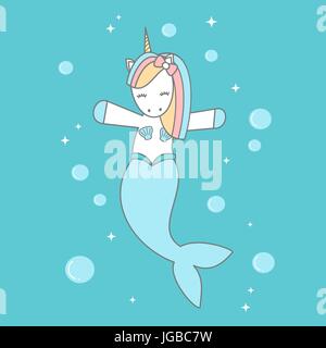 Cute cartoon mermaid unicorn dans la mer vector illustration Illustration de Vecteur