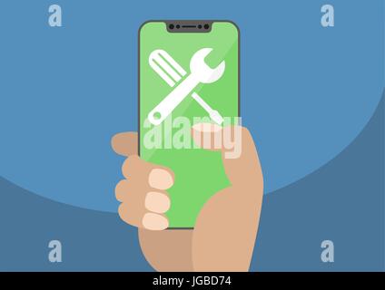 Tournevis à cliquet et d'une icône sur l'encadrement moderne-free / écran tactile smartphone sans cadre.Hand holding smartphone comme concept pour fixer, à l'entretien, de réparation ou de Illustration de Vecteur