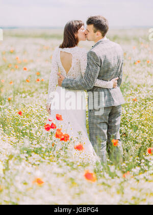 La vue arrière de l'embrasser de nouveaux mariés en vous promenant dans les champs de coquelicots. Banque D'Images