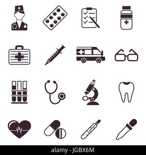 Vecteur numérique médical noir avec icônes tirées simple ligne info artistique graphique, dent d'ambulance Infirmière seringue tubes comprimés coeur médecine premiers soins compte-gouttes Illustration de Vecteur