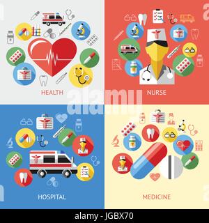 Vecteur numérique bleu rouge pharmacie medical icons set avec dessiné une ligne simple info artistique graphique, dent d'ambulance Infirmière seringue tubes comprimés coeur médecine d Illustration de Vecteur