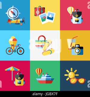 Vecteur numérique bleu rouge travel icons set dessiné avec une ligne simple info artistique graphic poster promo, Bateau Bateau ballon caméra assurance boussole air plane site Illustration de Vecteur