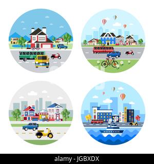 Vecteur numérique ville bleue avec des icônes de transport appelée simple ligne info artistique graphique, présentation avec voiture, moto et éléments de construction urbaine autour de Illustration de Vecteur