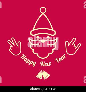 Vecteur numérique red Bonne Année Joyeux Noël avec l'icône de la ligne simple tiré de l'art, le père noël face avec barbe et cloches promo modèle, style plat Illustration de Vecteur
