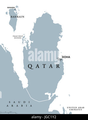 Carte politique du Qatar au capital Doha. État et pays souverain en Asie de l'Ouest sur la côte est de la péninsule Arabe. Gris illustration. Banque D'Images