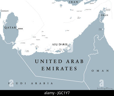 Emirats Arabes Unis carte politique avec capital Abu Dhabi. Émirats arabes unis, unis, une monarchie en Asie de l'Ouest sur la côte est de la péninsule Arabe. Banque D'Images