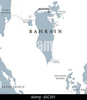 Carte politique Bahreïn avec capitale Manama. Royaume dans le golfe Arabo-Persique. Pays de l'île et l'archipel entre le Qatar et l'Arabie Saoudite. Banque D'Images