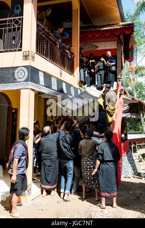 Famille et parents portant le cercueil à la sépulture. Tana Toraja de Sulawesi, Indonésie Banque D'Images