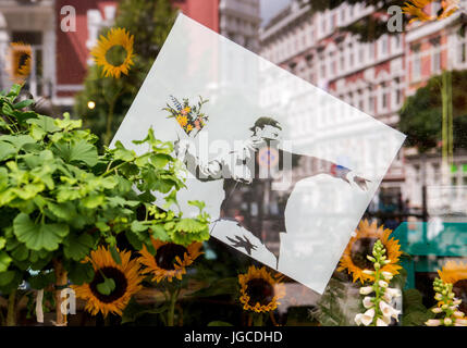 Hambourg, Allemagne. 5e juillet, 2017. Hambourg, Allemagne. 05 juillet, 2017. Une affiche de Banksy se bloque à un magasin de fleur dans le quartier Schanzenviertel (Schanzen) à Hambourg, Allemagne, 05 juillet 2017. Le Sommet du G20 a lieu à Hambourg le 7 et 8 juillet. Dpa : Crédit photo alliance/Alamy Live News Banque D'Images