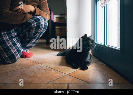 Femme à genoux par son chat qui est à la recherche de la porte Banque D'Images