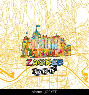 Voyage Zagreb Art Secrets Site pour la cartographie des experts et des guides de voyage. Le logo de la ville à la main, typo de badge et dessinés à la main sur le dessus de l'image vectorielle sont regroupés et Illustration de Vecteur