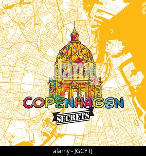 Voyage Copenhague Carte Art Secrets pour la cartographie des experts et des guides de voyage. Le logo de la ville à la main, typo de badge et dessinés à la main sur le dessus de l'image vectorielle sont regroupés Illustration de Vecteur