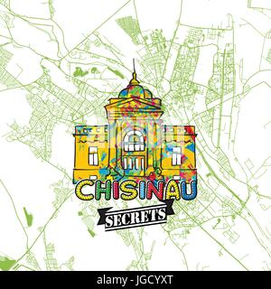 Chisinau Billet d'Art Secrets Site pour la cartographie des experts et des guides de voyage. Le logo de la ville à la main, typo de badge et dessinés à la main sur le dessus de l'image vectorielle sont regroupés un Illustration de Vecteur