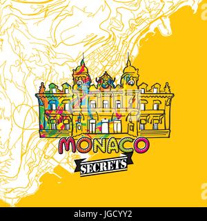 Monaco Art Secrets de Voyage Site pour la cartographie des experts et des guides de voyage. Le logo de la ville à la main, typo de badge et dessinés à la main sur le dessus de l'image vectorielle sont regroupés et Illustration de Vecteur