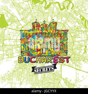 Voyage Bucarest carte Art Secrets pour la cartographie des experts et des guides de voyage. Le logo de la ville à la main, typo de badge et dessinés à la main sur le dessus de l'image vectorielle sont regroupés Illustration de Vecteur