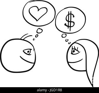 Cartoon vector de la différence entre l'homme et la femme pense à l'argent relation - signe du dollar et le symbole du coeur de l'amour Illustration de Vecteur