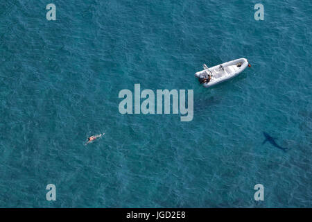 Vue aérienne d'un nageur et un requin blanc dans l'eau avec un bateau de vitesse sur un fond bleu clair de l'eau de mer Banque D'Images