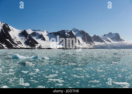 La encore, l'eau claire d'une baie à la langue d'un glacier est parsemé de fragments de glace flottante d'un récent événement de mise bas. Banque D'Images