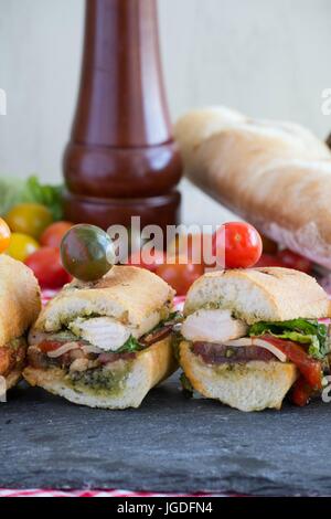 Revenons sur un pique-nique ! Sandwichs au poulet grillé gastronomique servi avec petits pains français, nappe rouge à carreaux rouges et prenez-out panier - Yum ! Banque D'Images