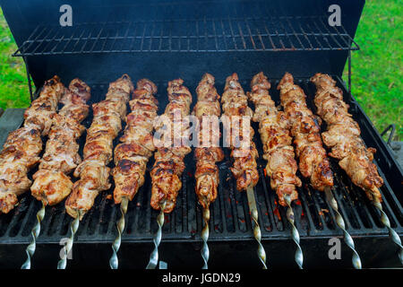 Shish kebab en brochettes juteuse tranches de viande en sauce préparer en feu Banque D'Images
