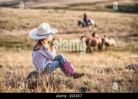 Caucasian girl sitting on rock in field holding flower Banque D'Images