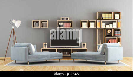 Blue salon avec télévision, bibliothèque et deux chaise lounge - le rendu 3D Banque D'Images
