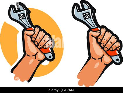 La clé, l'outil ou dans la main. La réparation, l'entretien, à la maintenance, l'appui ou l'icône d'un logo. Cartoon vector illustration Illustration de Vecteur