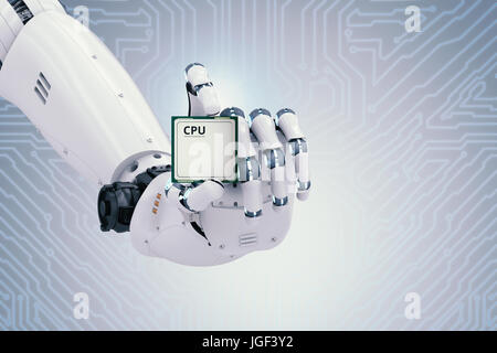 Le rendu 3D robot hand holding puce processeur ou micro puce Banque D'Images