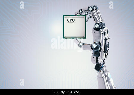 Le rendu 3D robot hand holding puce processeur ou micro puce Banque D'Images