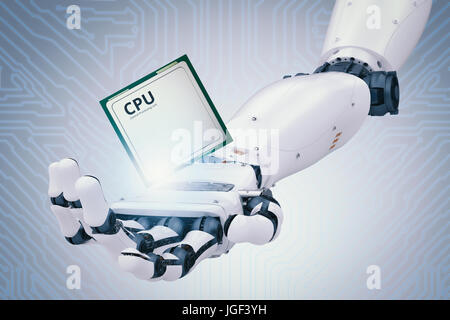 Le rendu 3D robot hand holding puce processeur ou micro puce Banque D'Images