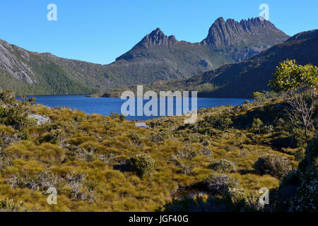 Dove Lake avec vue lointaine de Cradle Mountain Cradle Mountain-Lake St Clair, Parc National, Tasmanie, Australie Banque D'Images