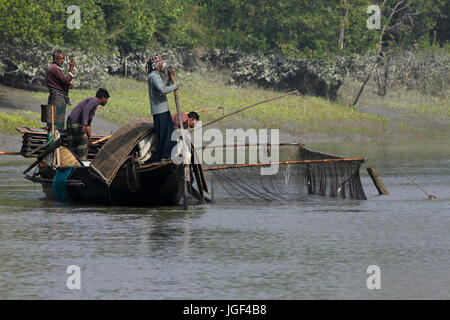 Pêche Les pêcheurs avec des loutres dans les Sundarbans, Site du patrimoine mondial de l'UNESCO et une réserve faunique. La plus grande forêt de mangroves du littoral dans la wo Banque D'Images