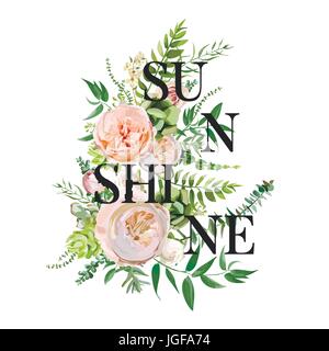 Vector floral design carte verticale. Fleur de cactus succulentes Rose jardin vert Eucalyptus feuilles fougère délicate saison élégant fond modifiable. Bo Illustration de Vecteur